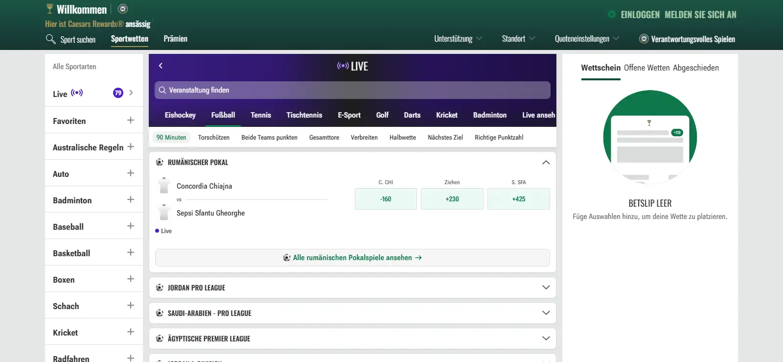 Live-Wettmärkte und Spielstände auf der US-Oberfläche von Caesars Sportsbook.
