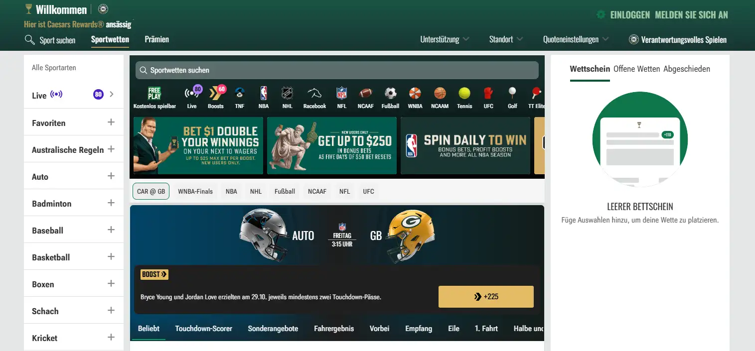 Wettmärkte auf der amerikanischen Website von Caesars Sportsbook.