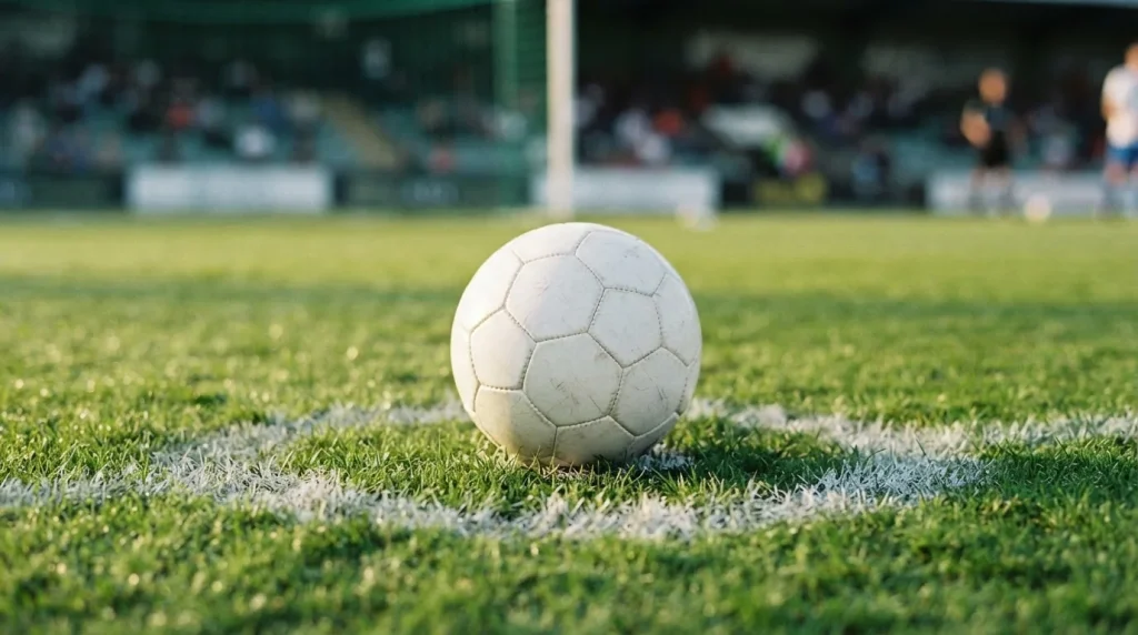 Fußball auf dem Elfmeterpunkt eines Spielfelds