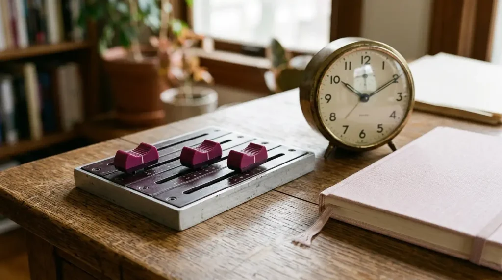 Drei mechanische Regler neben einer Uhr und einem geschlossenen Notizbuch.