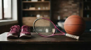 Tennisschläger, Basketball und Laufschuhe auf einem Holztisch.