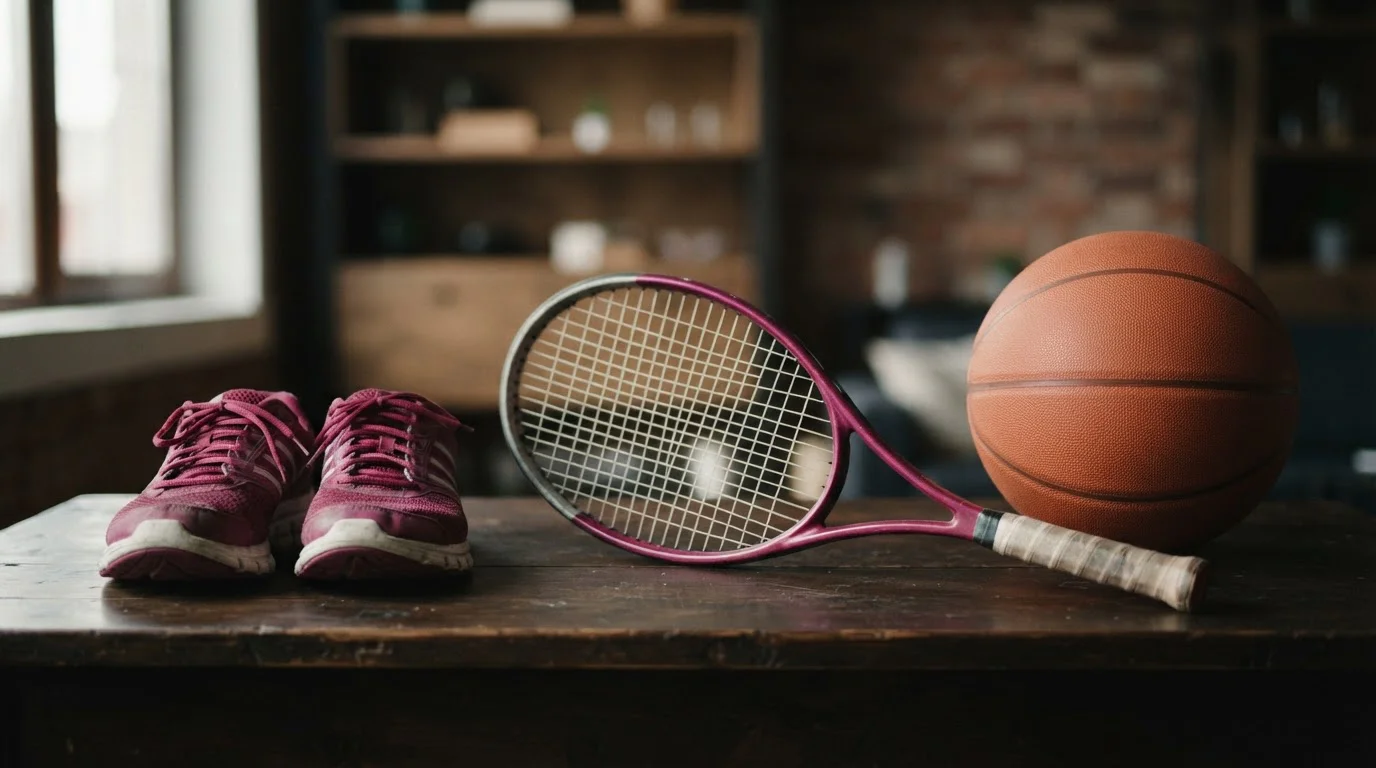 Tennisschläger, Basketball und Laufschuhe auf einem Holztisch.
