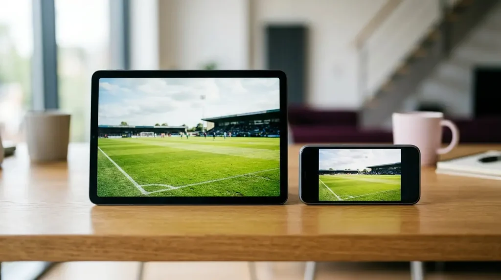 Tablet und Smartphone nebeneinander auf einem Schreibtisch.