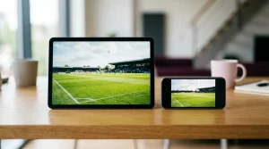 Tablet und Smartphone nebeneinander auf einem Schreibtisch.